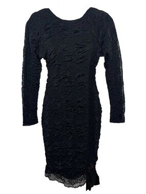 Vintage 80s Nuance Black Satin Bubble Dress Size 5 Juniors Big Bow Lace Low Back